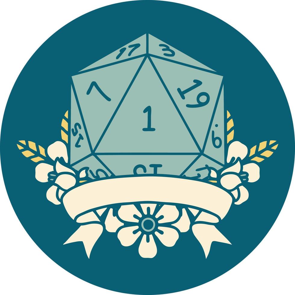 Retro Tattoo Style natural one d20 dice roll vector