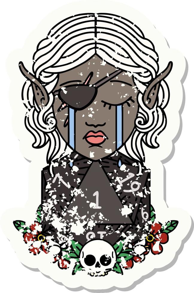 Retro Tattoo Style crying elf rogue character face with natural one D20 roll vector