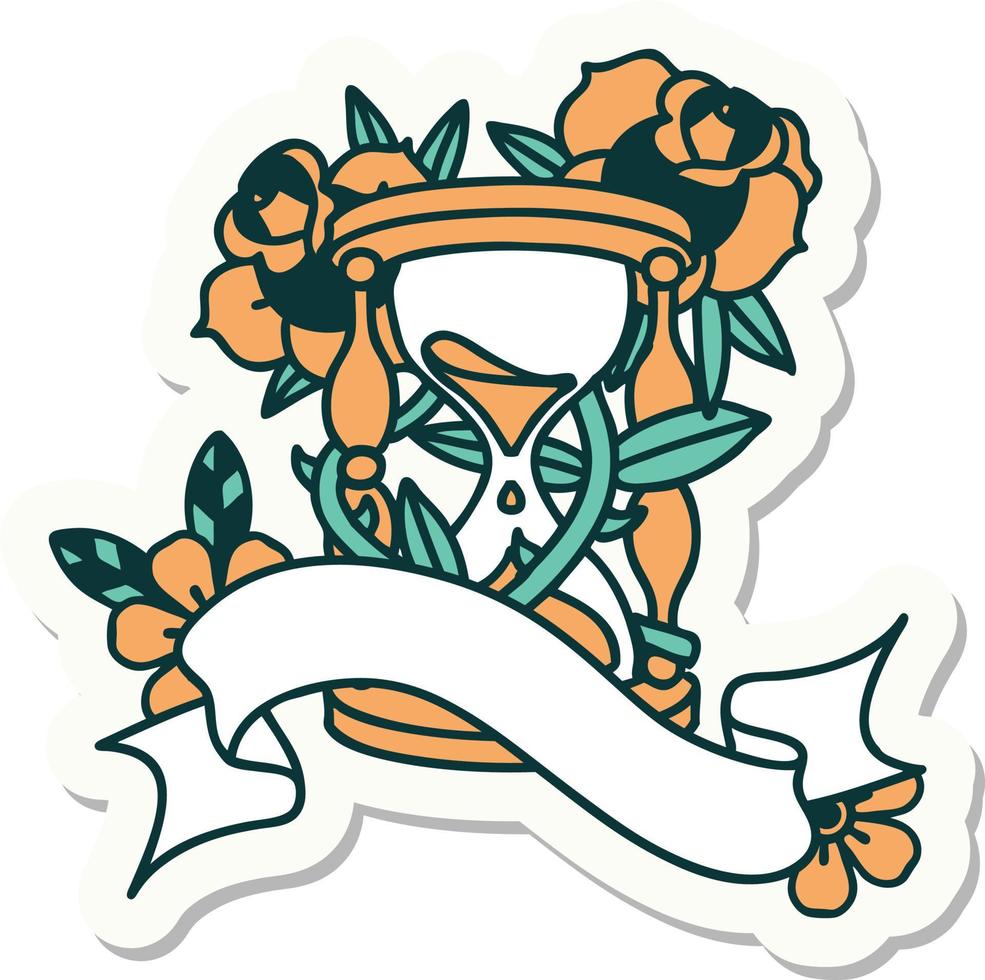 tattoo style sticker with banner of an hour glass and flowers vector