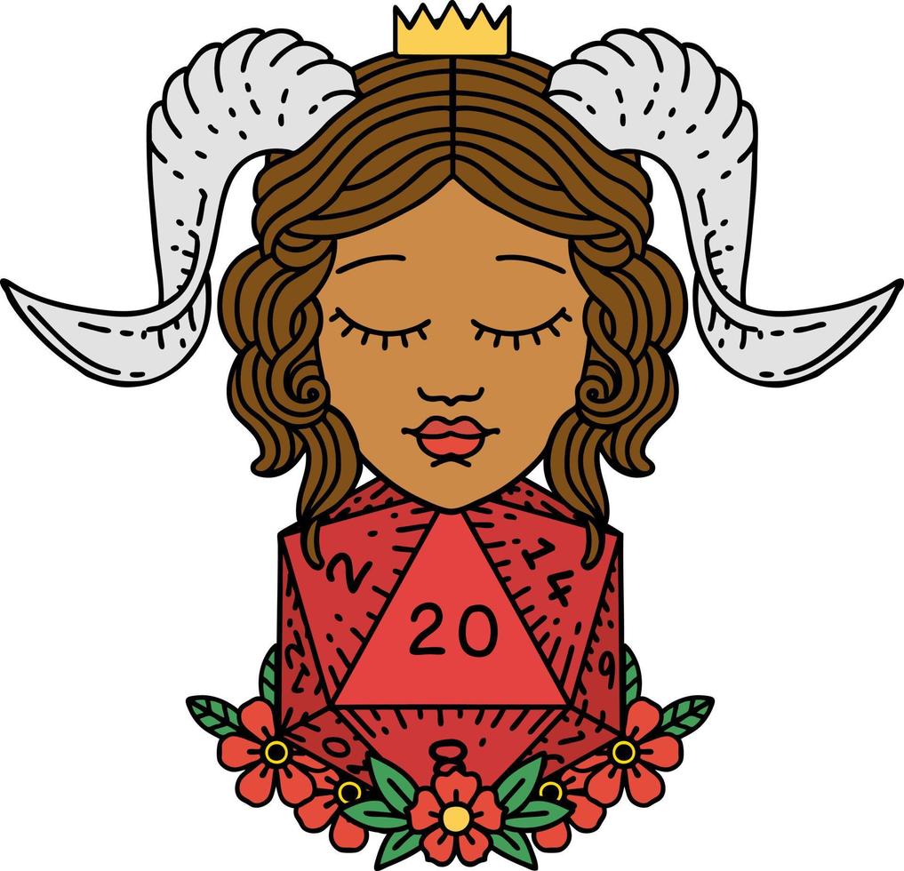 Retro Tattoo Style tiefling with natural twenty d20 dice roll vector