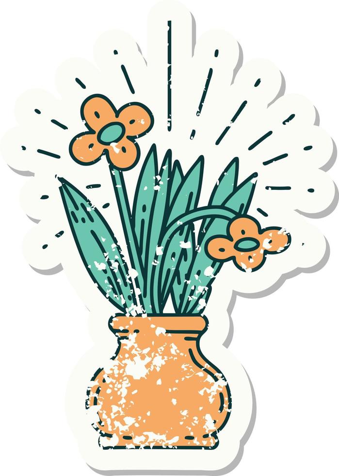 worn old sticker of a tattoo style flowers in vase vector