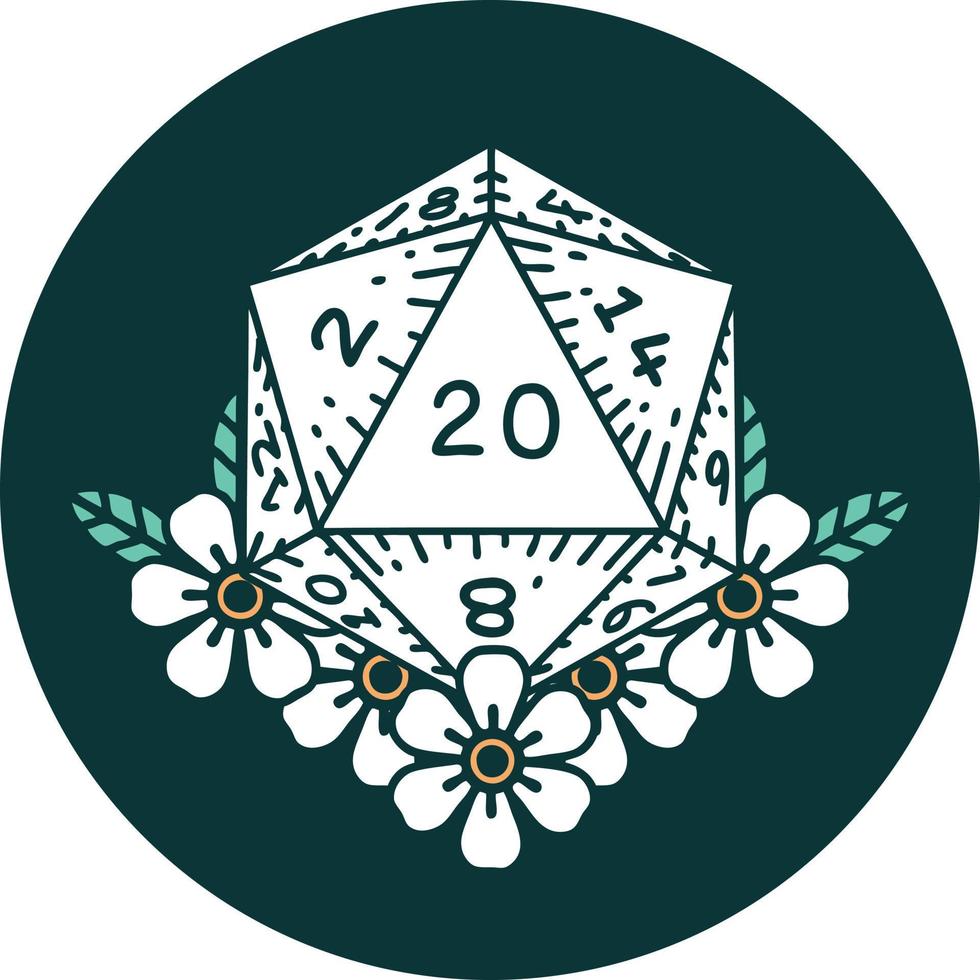 icon of natural 20 D20 dice roll with floral elements vector