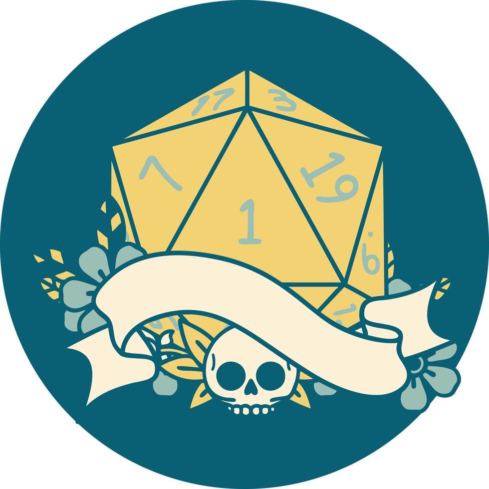 Retro Tattoo Style natural one d20 dice roll vector