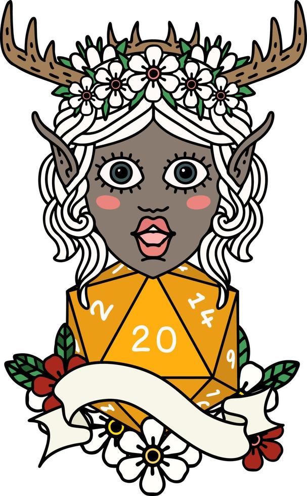 Retro Tattoo Style elf druid with natural twenty dice roll vector