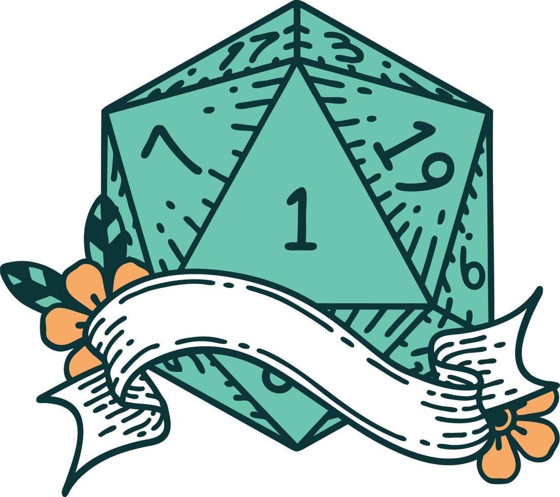 Retro Tattoo Style natural one d20 dice roll vector