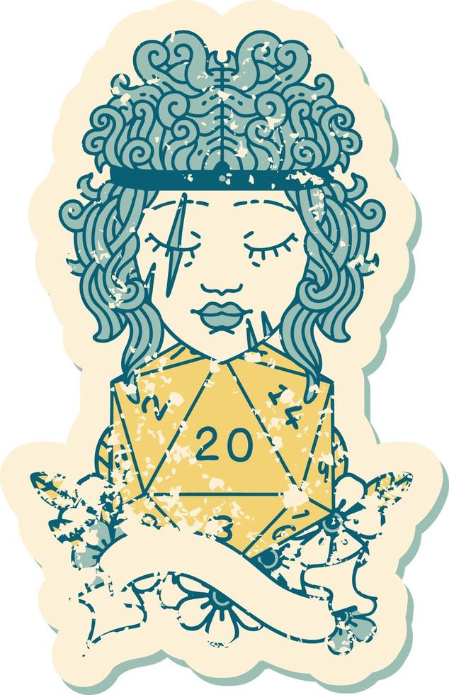 Retro Tattoo Style human barbarian with natural 20 dice roll vector