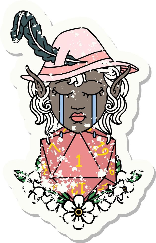 Retro Tattoo Style crying elf bard character with natural one D20 roll vector