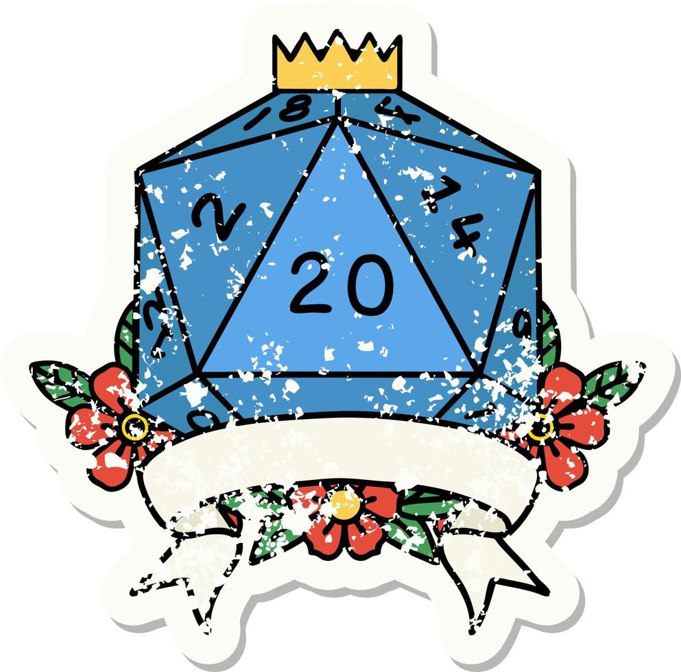 grunge sticker of a natural 20 critical hit D20 dice roll vector