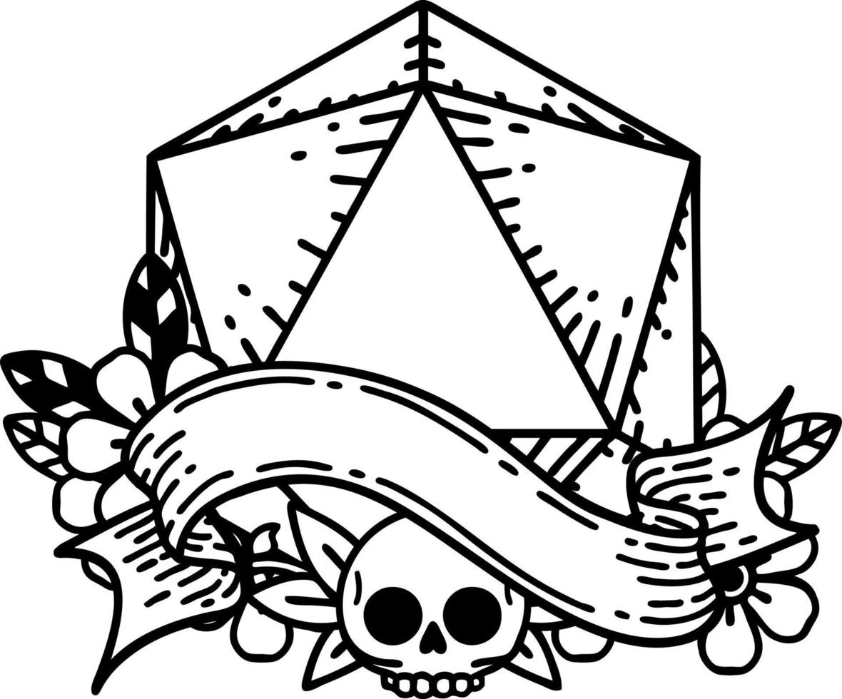 Black and White Tattoo linework Style natural one d20 dice roll vector