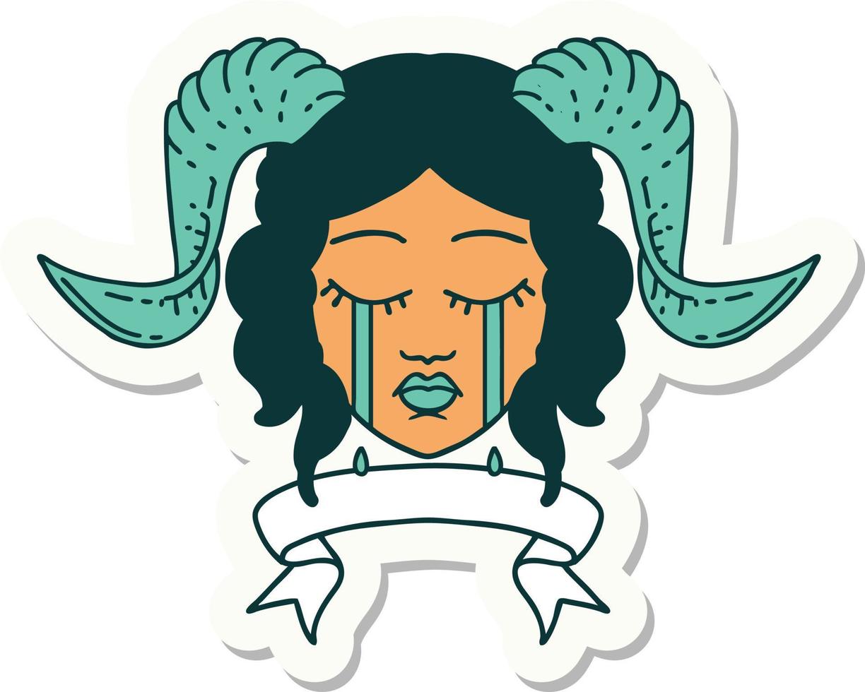 sticker of a crying tiefling character face with scroll banner vector