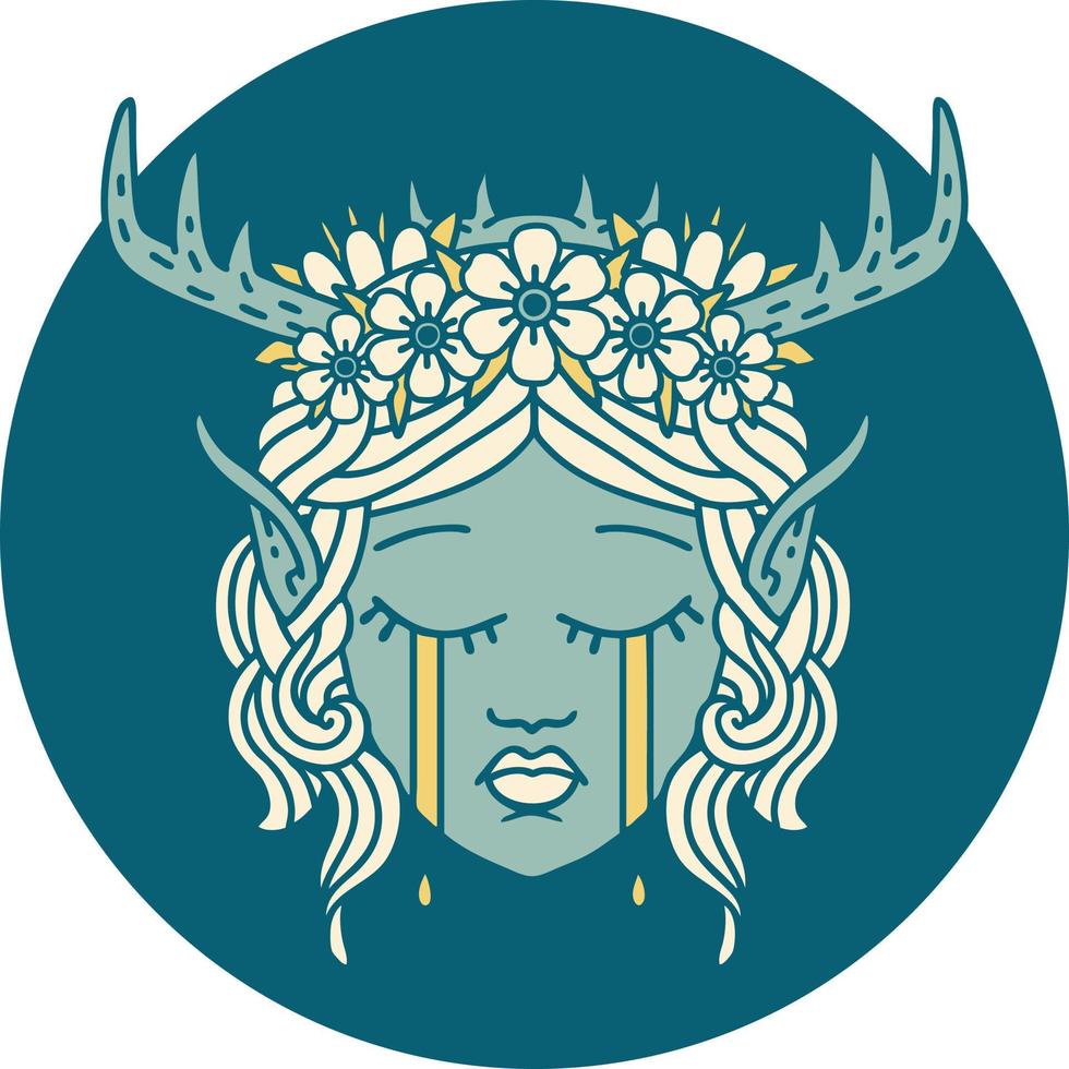 Retro Tattoo Style crying elf druid character face vector
