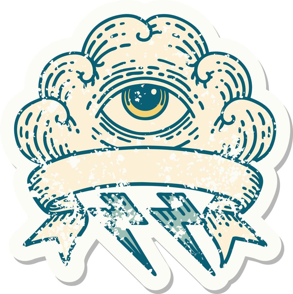 worn old sticker with banner of an all seeing eye cloud vector
