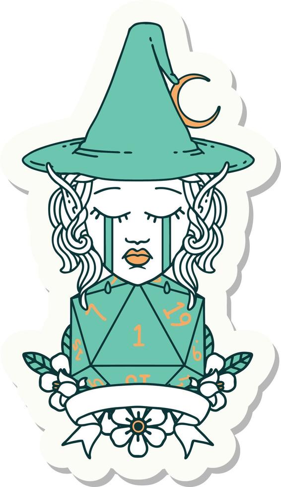 sticker of a crying elf mage character with natural one dice roll vector