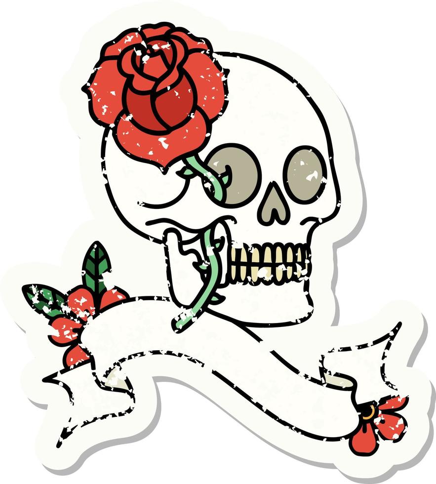 worn old sticker with banner of a skull and rose vector