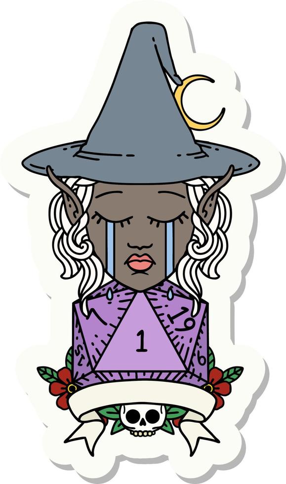 sticker of a crying elf mage character with natural one dice roll vector