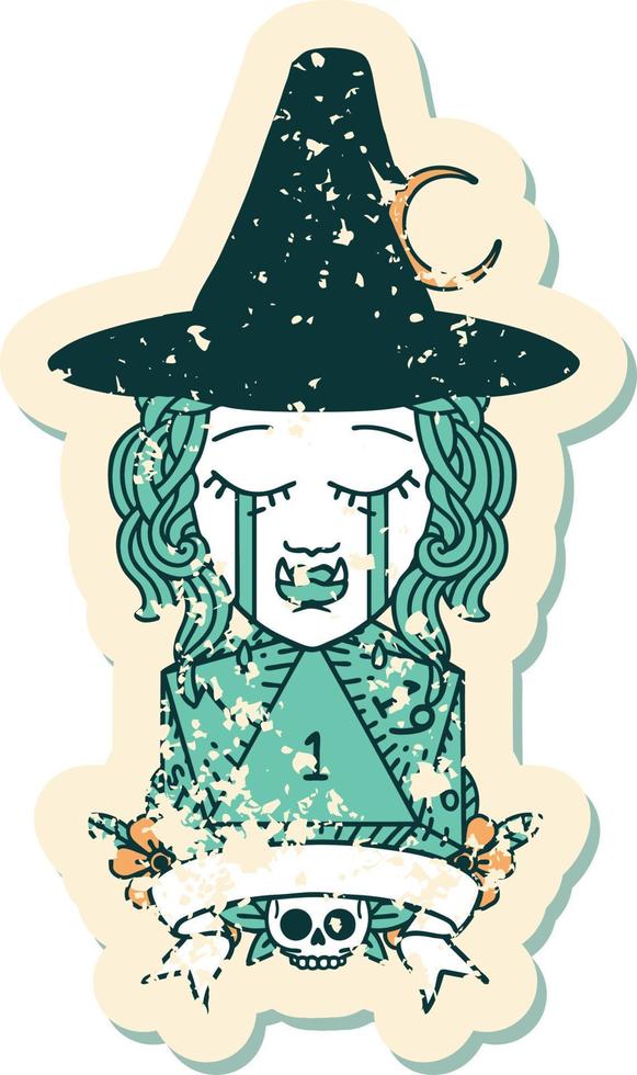 Retro Tattoo Style crying half orc witch character with natural one roll vector