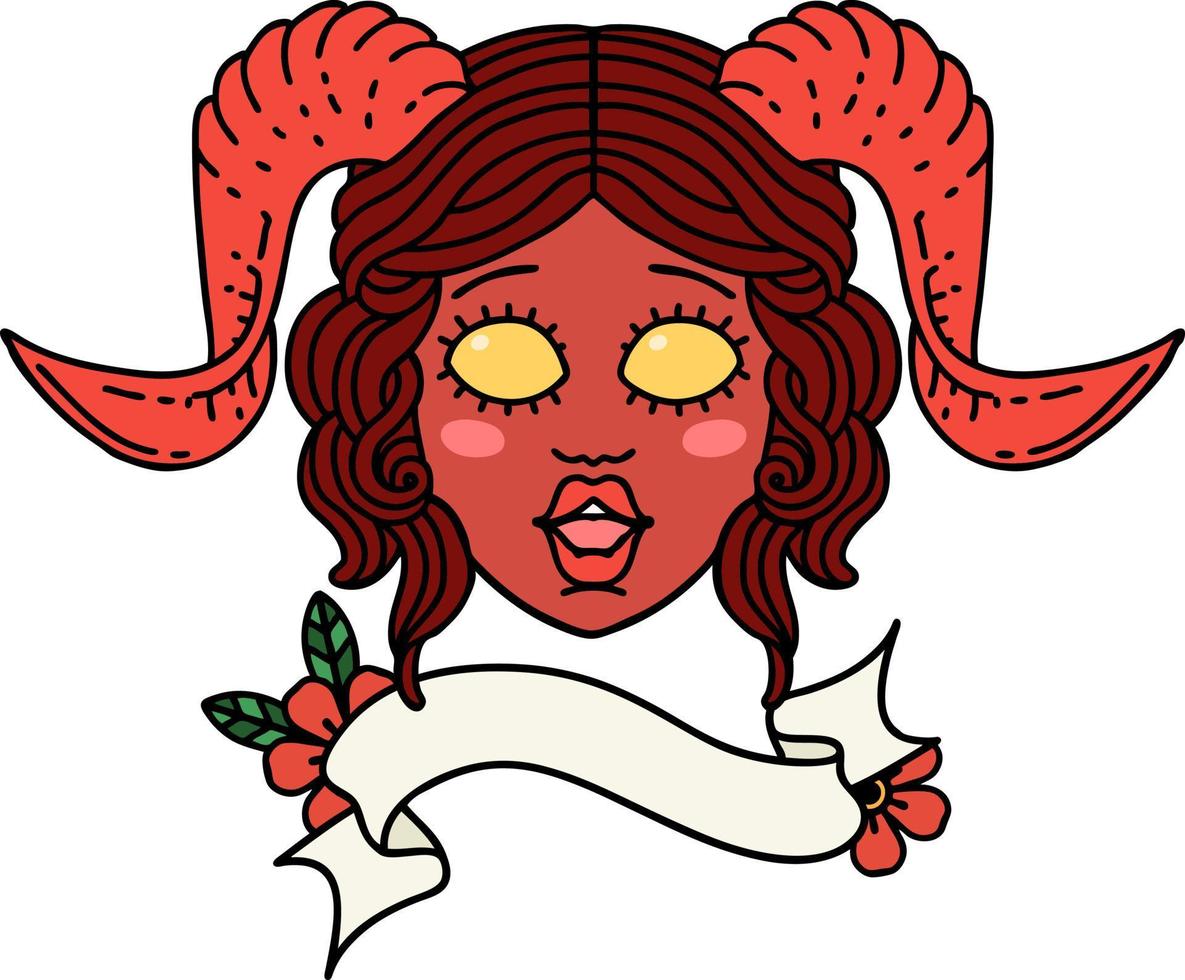 cara de personaje tiefling estilo tatuaje retro con pancarta de desplazamiento vector