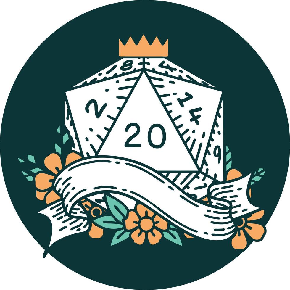 icon of natural twenty D20 dice roll vector