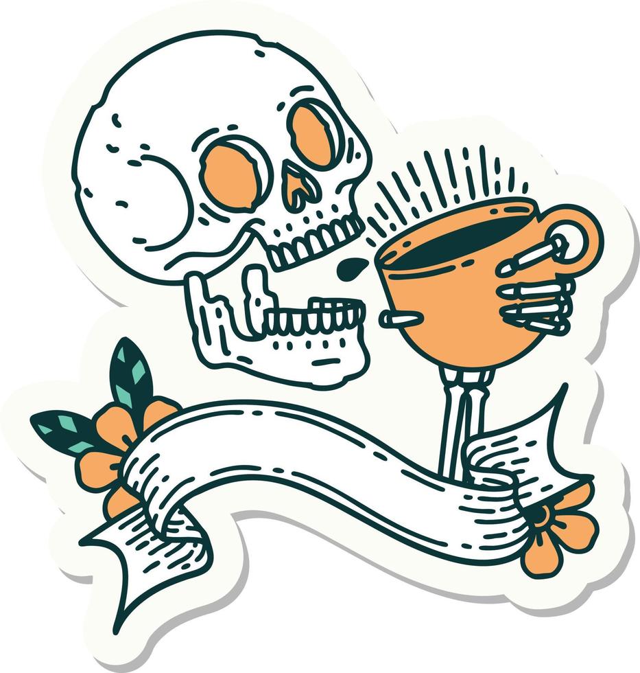 tattoo style sticker with banner of a skull drinking coffee vector