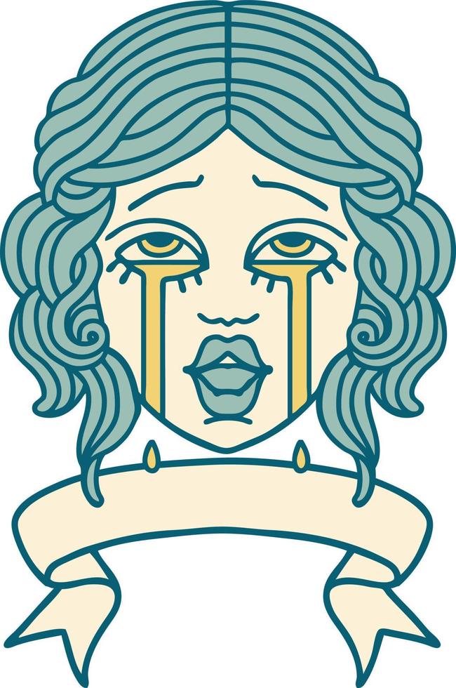 traditional tattoo with banner of a very happy crying female face vector