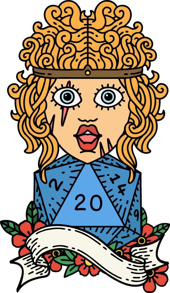 Retro Tattoo Style human barbarian with natural twenty dice roll vector