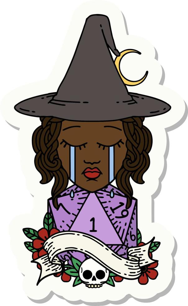 sticker of a crying human witch with natural D20 roll vector