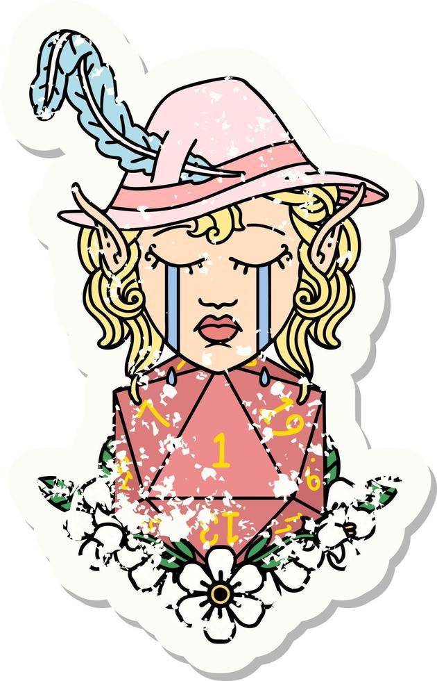 grunge sticker of a crying elf bard character with natural one D20 roll vector