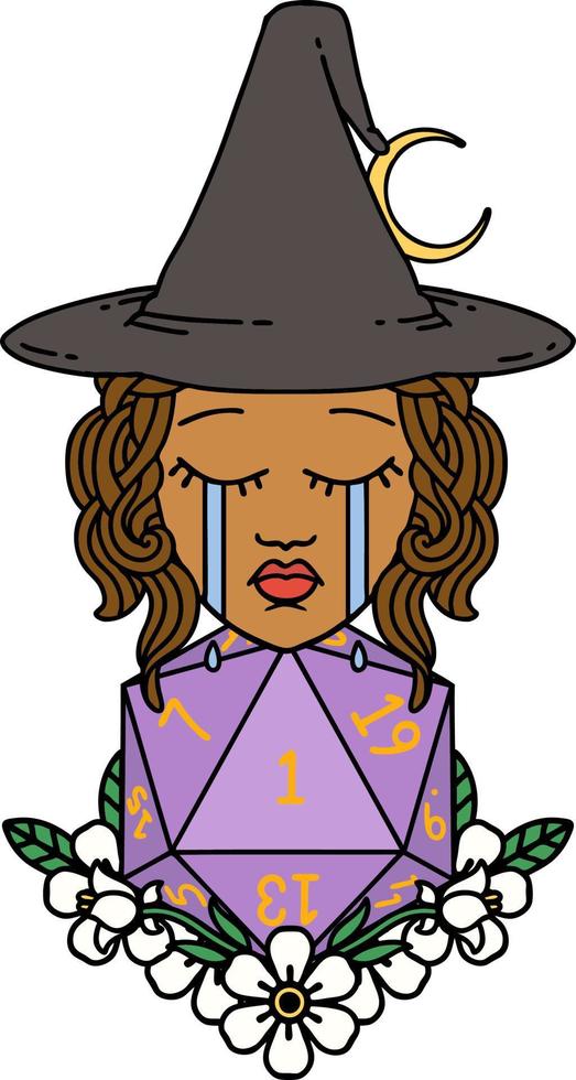 Retro Tattoo Style crying human witch with natural one D20 dice roll vector