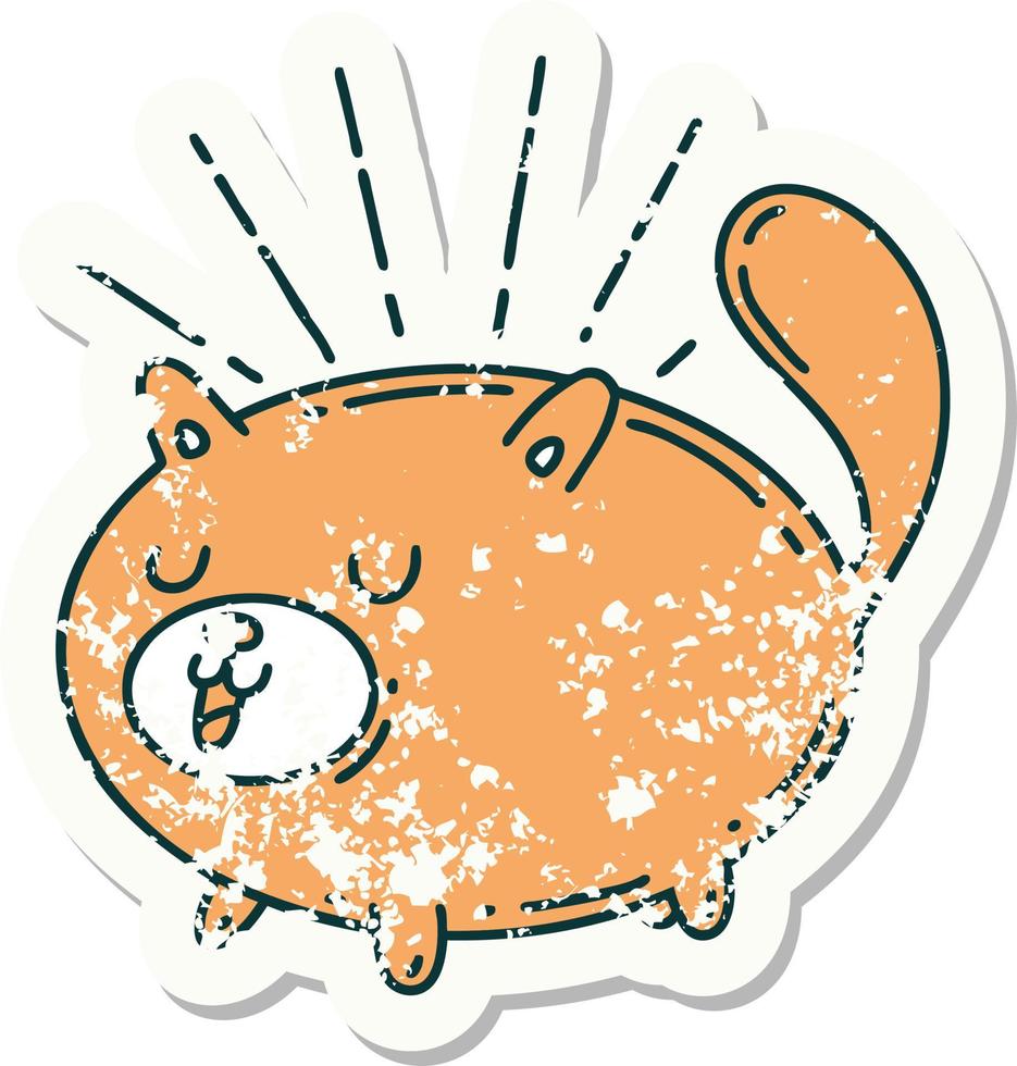 worn old sticker of a tattoo style happy cat vector