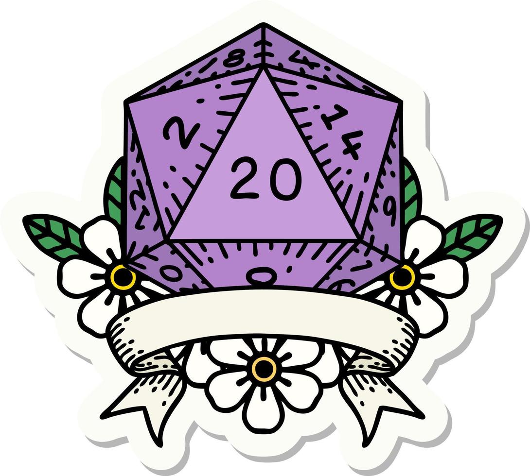 sticker of a natural 20 critical hit D20 dice roll vector