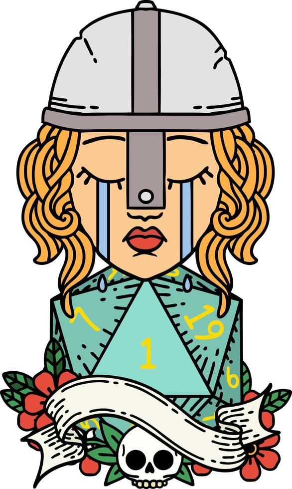 Retro Tattoo Style crying human fighter with natural one D20 dice roll vector