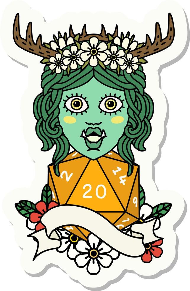 sticker of a half orc druid character with natural 20 dice roll vector