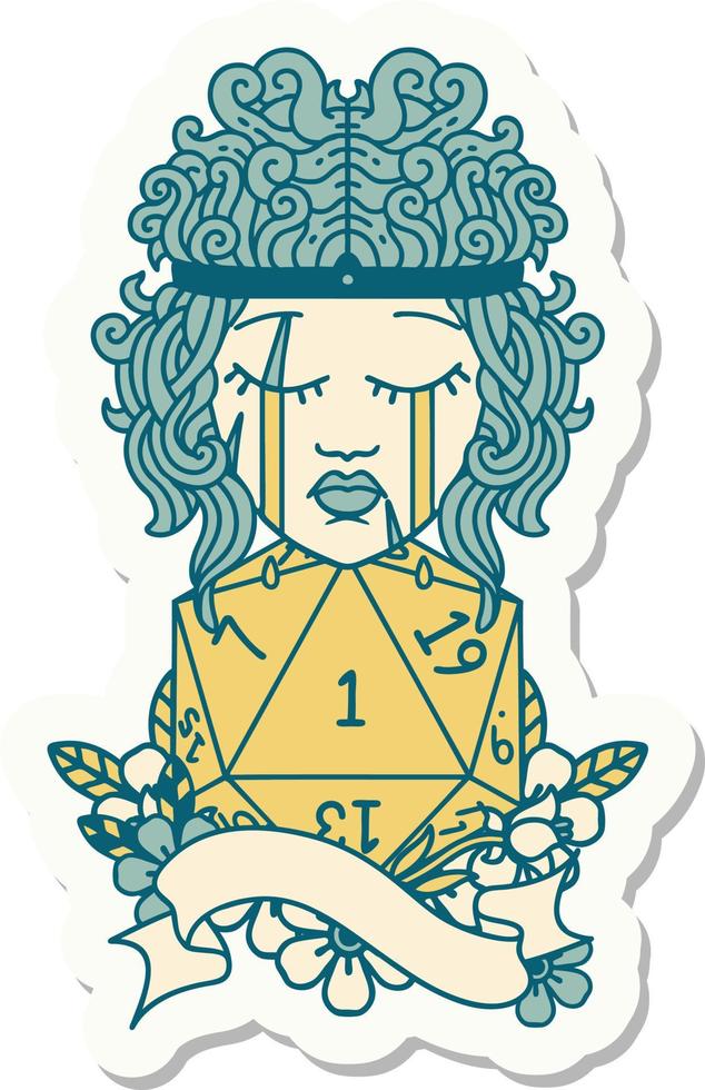 sticker of a crying human barbarian with natural one d20 roll vector