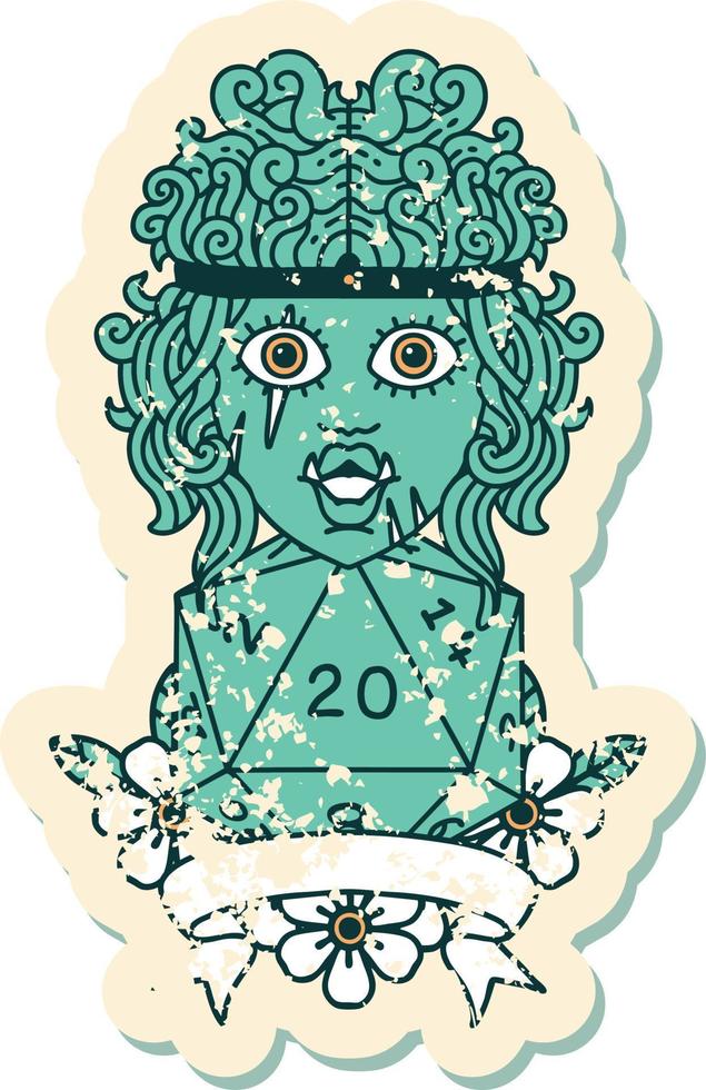 Retro Tattoo Style half orc barbarian character with natural 20 dice roll vector