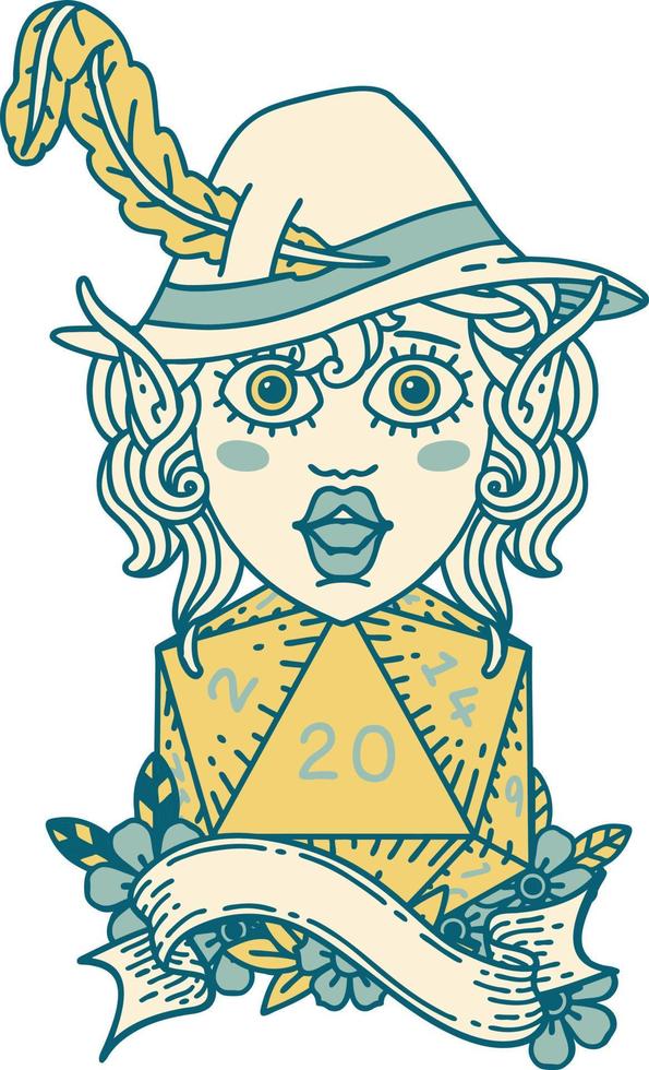 Retro Tattoo Style elf bard with natural twenty dice roll vector