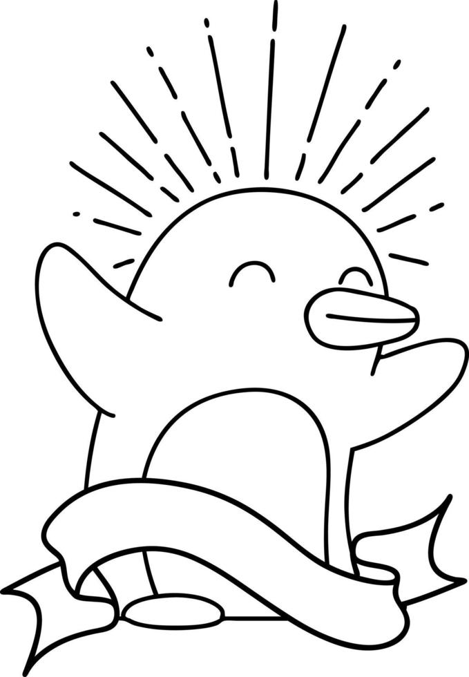 scroll banner with black line work tattoo style happy penguin vector