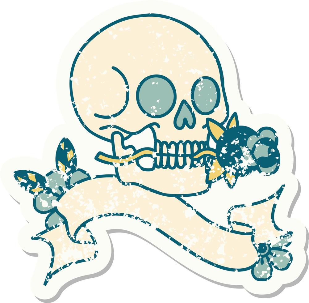 worn old sticker with banner of a skull vector