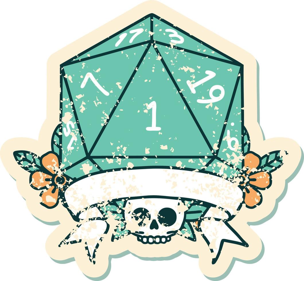Retro Tattoo Style natural one d20 dice roll vector