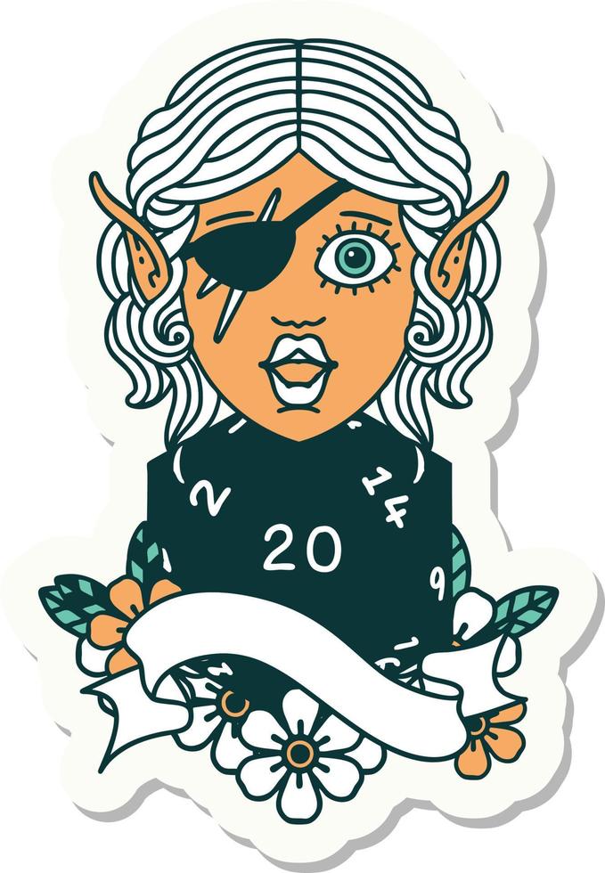 sticker of a elf rogue character with natural twenty dice roll vector