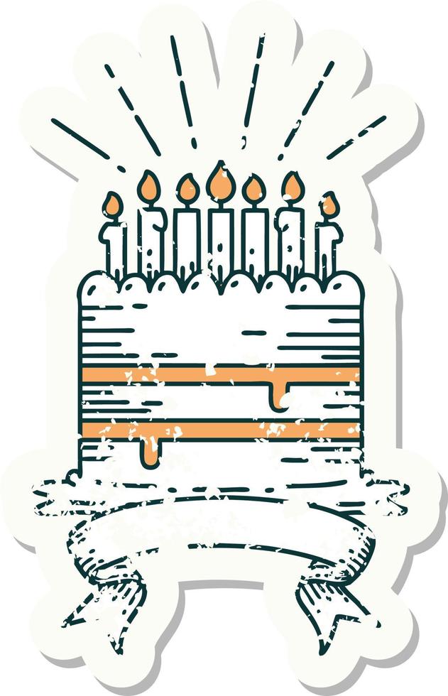 worn old sticker of a tattoo style birthday cake vector