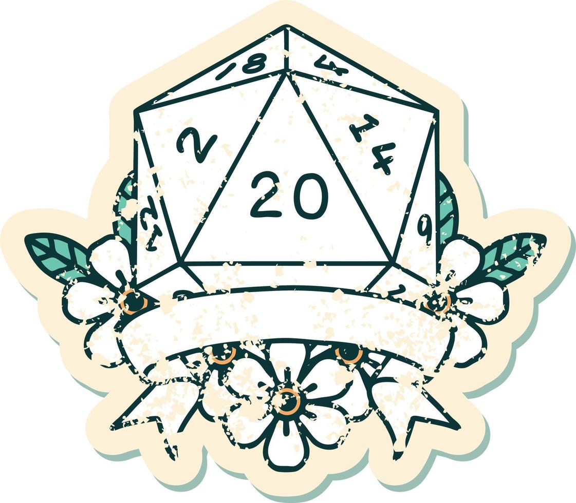 Retro Tattoo Style natural 20 critical hit D20 dice roll vector