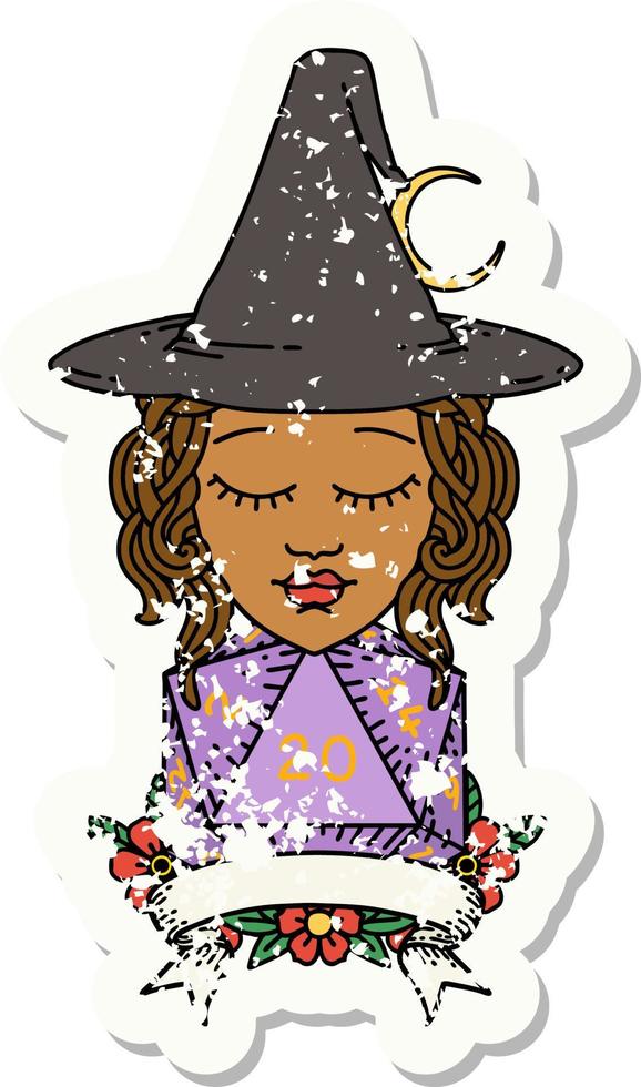 Retro Tattoo Style human witch with natural twenty dice roll vector