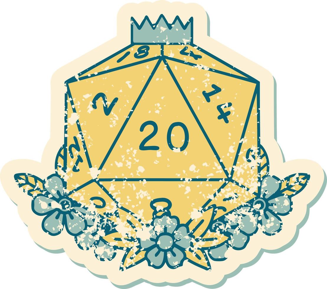 Retro Tattoo Style natural 20 D20 dice roll with floral elements vector