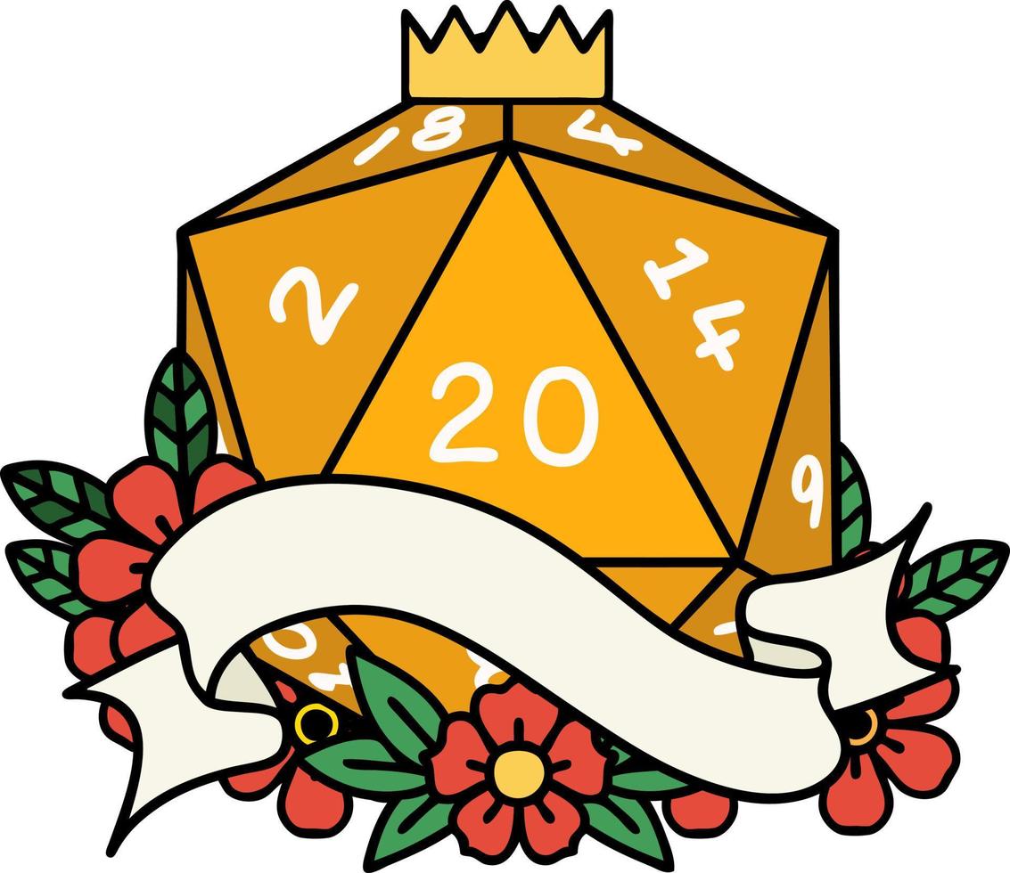 Retro Tattoo Style natural twenty D20 dice roll vector