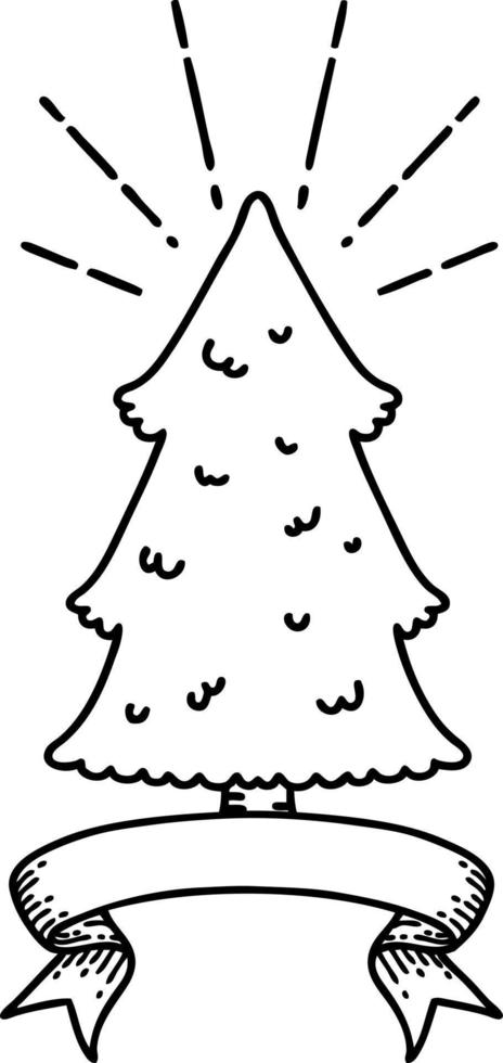 scroll banner with black line work tattoo style pine tree vector