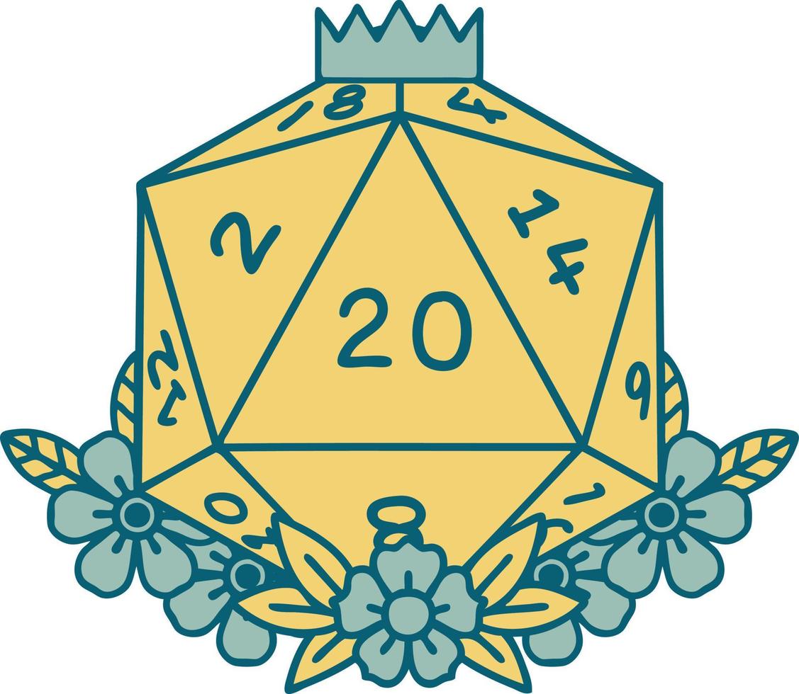 Retro Tattoo Style natural 20 D20 dice roll with floral elements vector