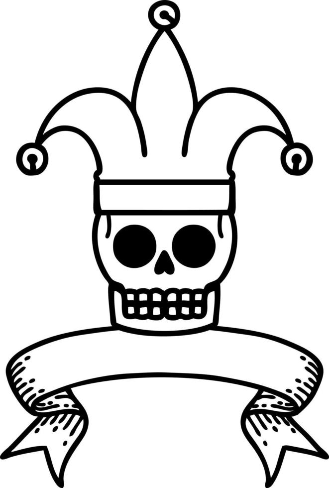traditional black linework tattoo with banner of a skull jester vector