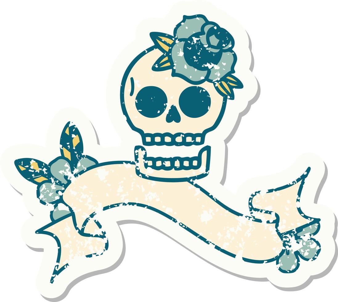 worn old sticker with banner of a skull and rose vector