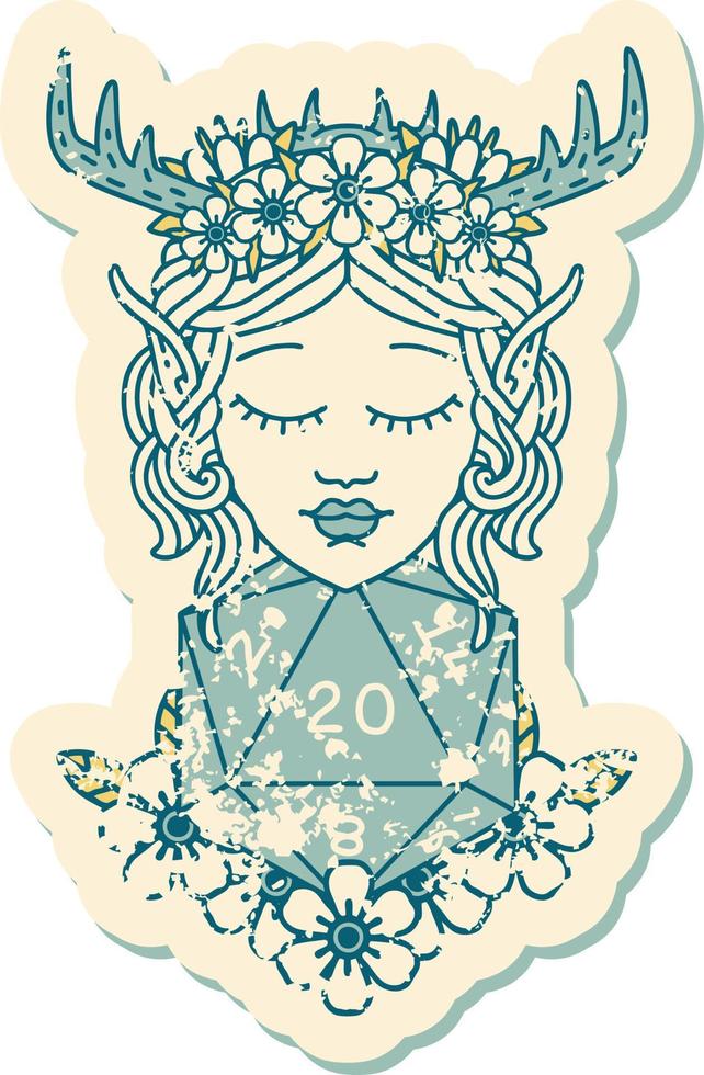 Retro Tattoo Style elf druid character with nautral twenty dice roll vector