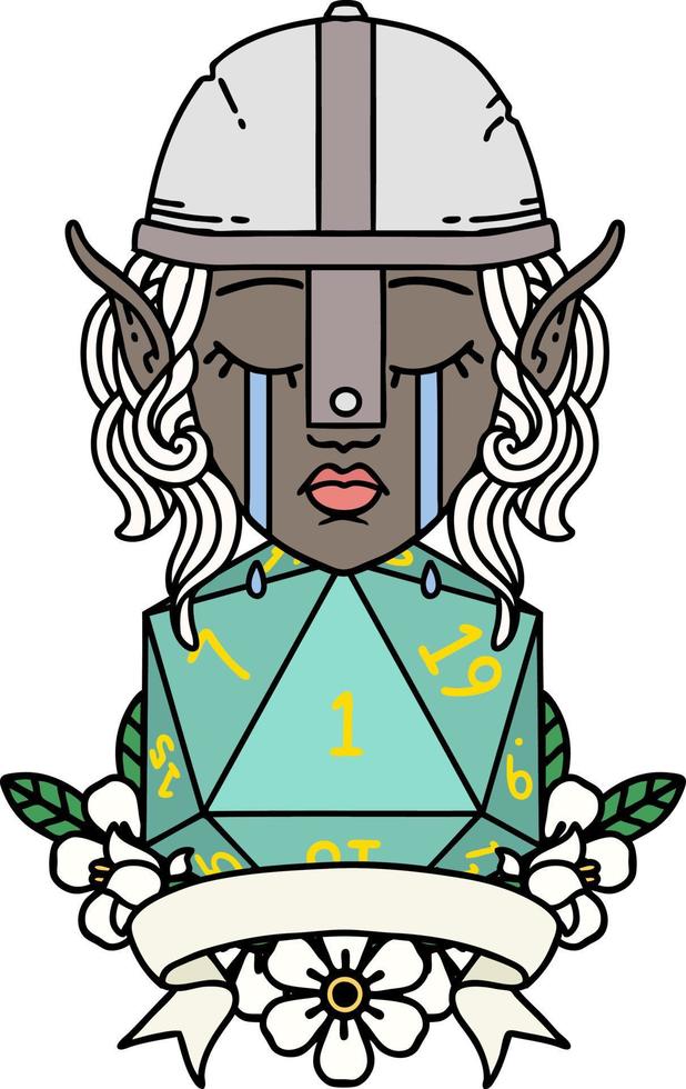 Retro Tattoo Style crying elf fighter character face with natural one D20 roll vector